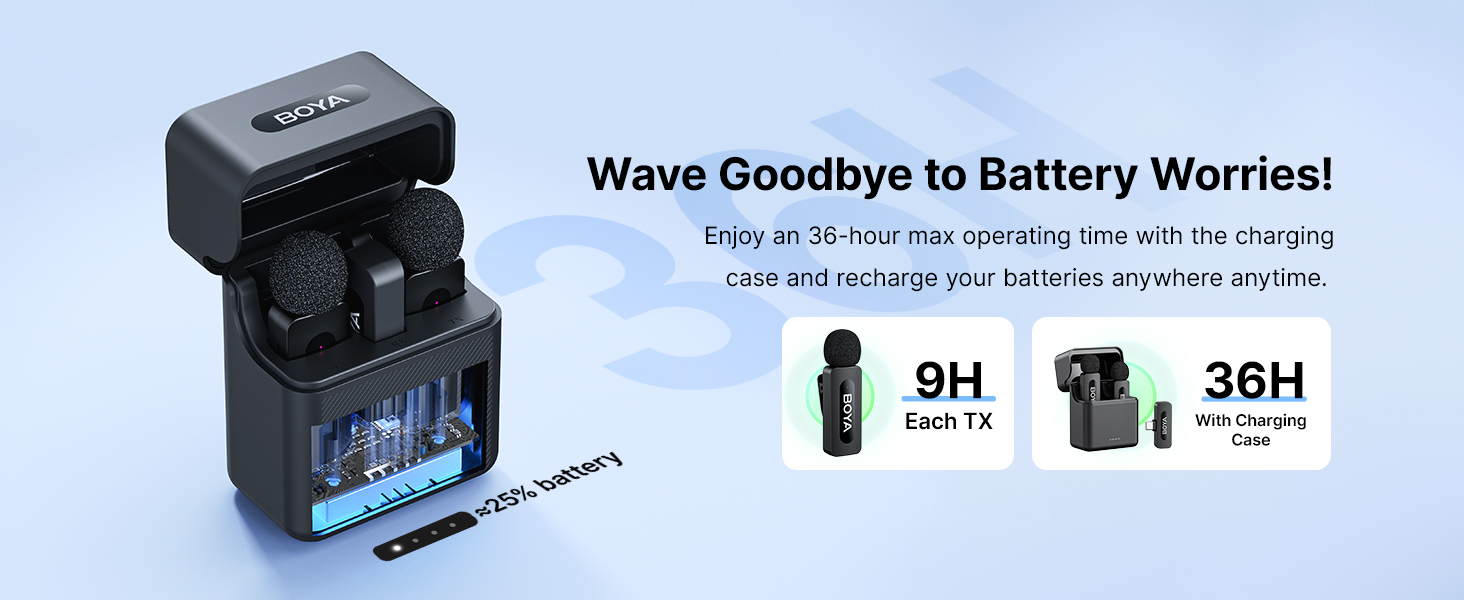 Wireless earbuds charging case with digital battery indicator display, advertising 9H and 36H battery life specifications against blue background.