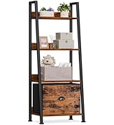 Furologee 4-Tier Ladder Shelf, Ladder Bookshelf with Removable Drawer, Rustic Bookcase Storage Ra...