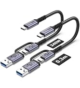 JBTOP 20Gbps Android Auto USB C Cable 2-in-1 [1ft, 2Pack] 240W Max USB 3.1 Gen 2 Fast Charge &amp; Da...