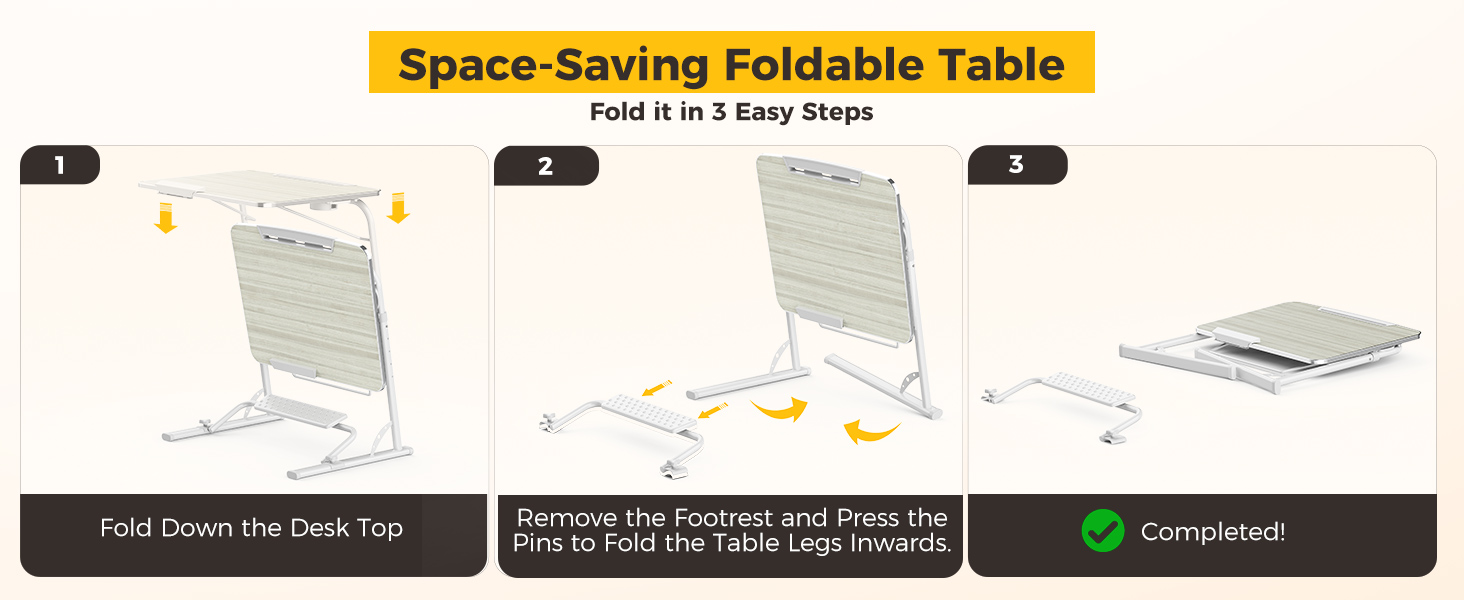 Three-step guide showing how the folding TV tray table collapses into a compact form.