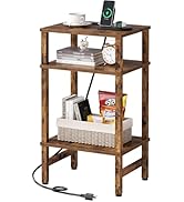Asgolion 3 Tier End Table with Storage and Fast Charging Station, Tall Narrow Nightstand with Typ...