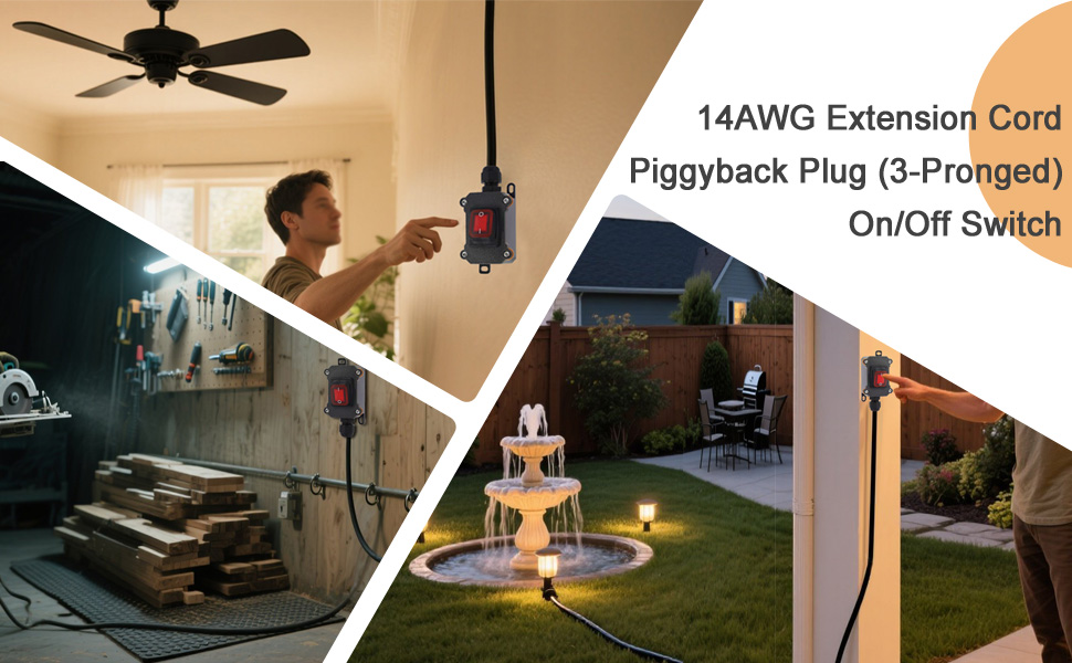 Extension Cord with 14AWG Cable Piggyback Plug (3-Pronged) OnOff Switch