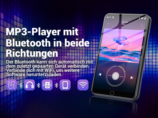 Text reads: 'MP3-Player mit Bluetooth in beide Richtungen', 'Der Bluetooth kann sich automatisch mit dem zuletzt gepaarten Gerät verbinden'. Phone interface showing music player features.