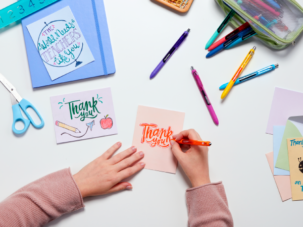 thank you notes hands writing inkjoy gel scissors art craft cards paper mate desk table teacher kid