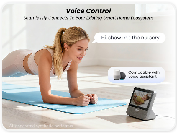 Woman is doing yoga in room, a voice control baby monitor ons the floor showing a baby&amp;#39;image