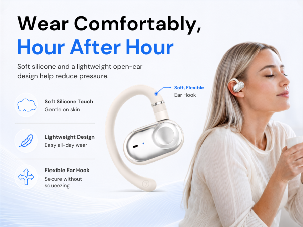 Soft silicone ear hooks for lightweight all-day comfort