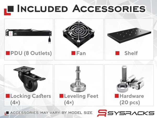 Server rack accessories displayed - PDU, FAN, vented steel shelf, leveling feet, hardware