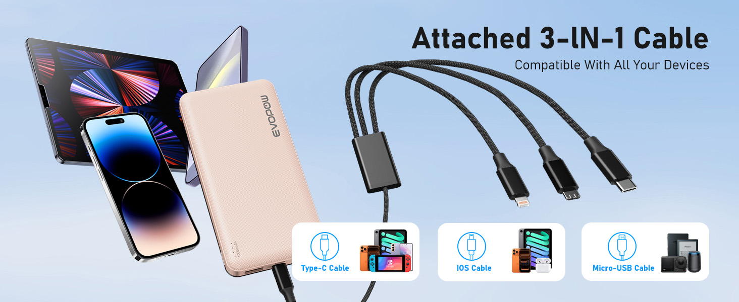 Ultra Slim and small 10000mAh Power bank with 3 in 1 cable