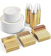 FOCUSLINE 600pcs Gold Dinnerware Set for 100 Guests, Gold Rim Plastic Plates Disposable, 100 Dinn...