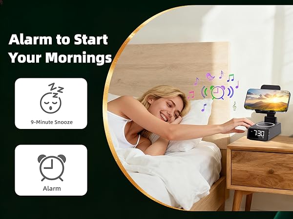 Text reads 'Alarm to Start Your Mornings'. Advertisement shows someone in bed reaching for a device on nightstand, with musical note icons and app interface showing alarm clock icons.