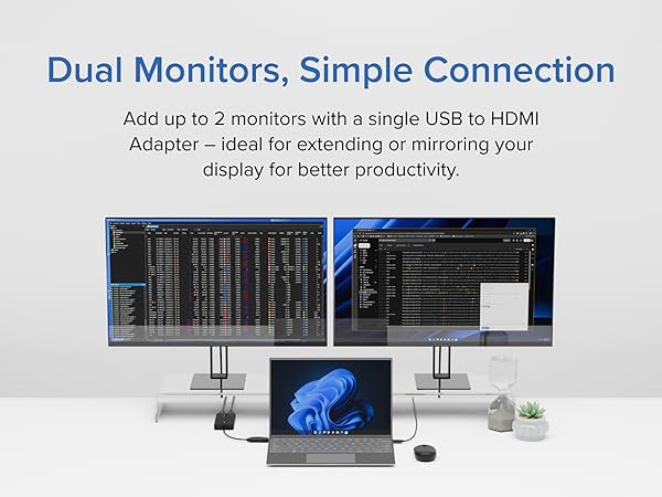 Workspace with two monitors linked using an HDMI to usb adapter