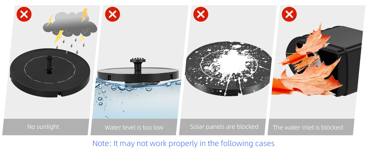Our solar fountain for bird bath may not be used in the following situations