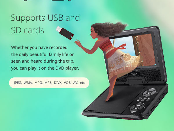 Portable DVD player with USB and SD card support. Green background with text describing file compatibility. Device shown open with screen visible.