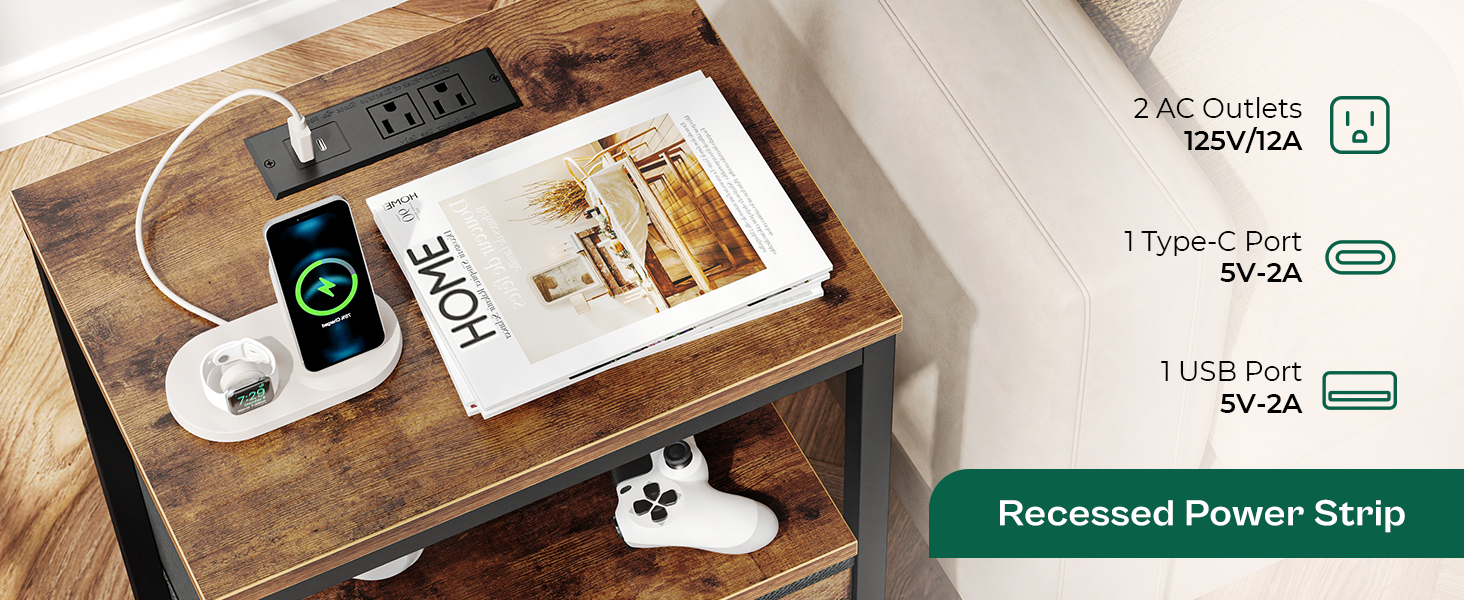 Nightstand with Charging Station, Bed Side Table