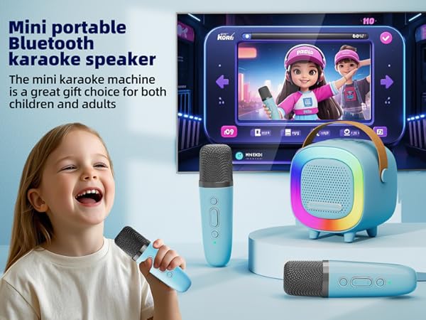 Mini Karaoke Machine Speaker for Kids Adults, Portable Bluetooth with 2 Wireless Microphones