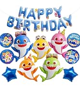 PartyWoo Baby Shark Family Foil Balloons 13pcs Baby Shark Family Blue Round Star Mylar Happy Birt...