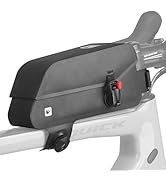 Gray bicycle frame bag attached to top tube, featuring streamlined design and red accent detail.