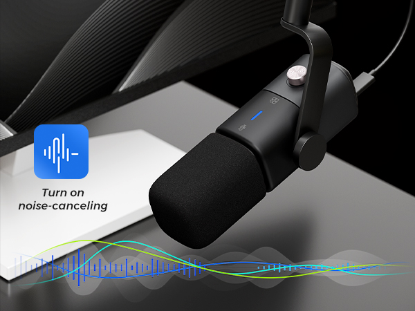 Professional black microphone with noise-canceling interface indicator and audio waveform visualization display.