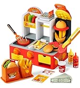 Play Kitchen Toddler Toy - 40+ PCS Fast Food Station with Potato Cutter, Simulated Frying Effect ...