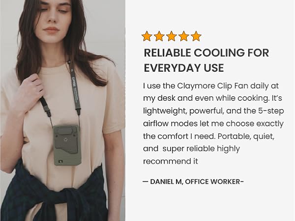 Claymore Clip Fan Rechargeable Hands-Free Clip USB-C Charging Camping, Hiking, Outdoor Use