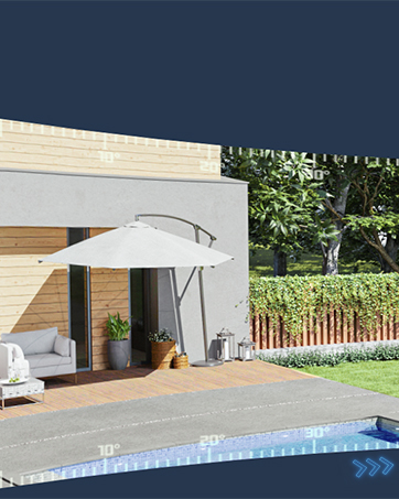 Outdoor patio with pool, white umbrella, and wooden deck. Modern house exterior with large windows and greenery in background.