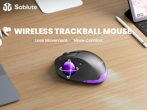 Wireless Trackball Mouse, Ergonomic Bluetooth Rechargeable Computer Mouse-Purple Ball