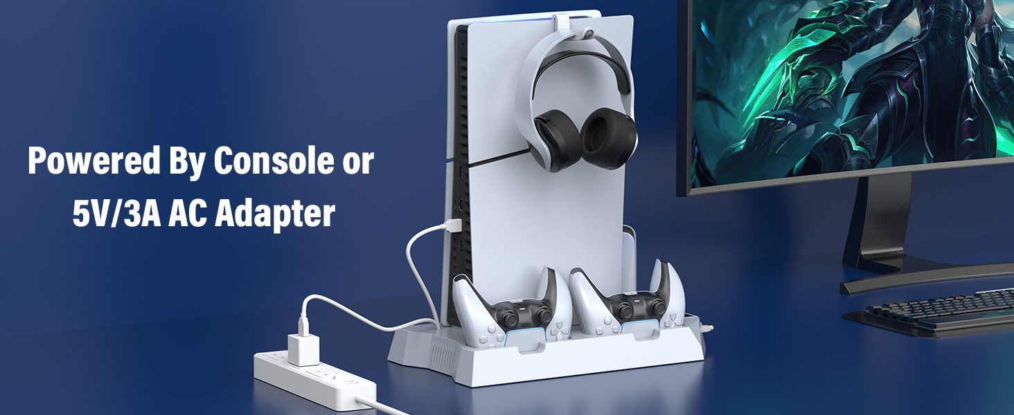 PS5 slim stand with fan and controller charging station