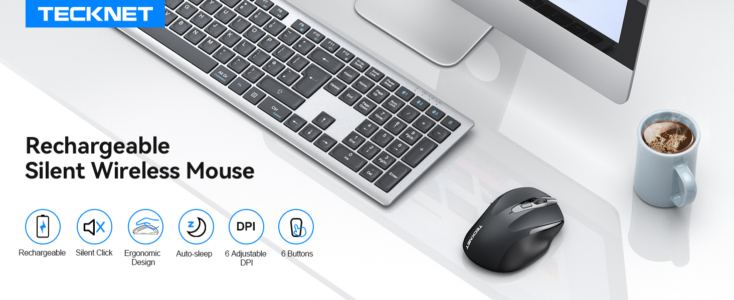TECKNET wireless mouse with slim silver keyboard on white desk, featuring rechargeable capability and silent click technology.