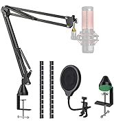 YOUSHARES Upgraded Quadcast Mic Stand with Pop Filter - Scissor Mic Boom Arm and 3 Layers Windscr...