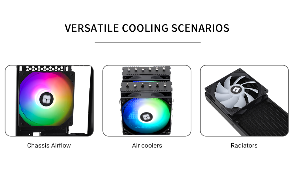 Computer cooling components diagram showing three types: RGB fan for chassis airflow, RGB air coolers, and black radiator with fan for liquid cooling systems.