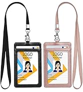 Teskyer 2 Pack Leather Badge Holder, 2 Card Slot ID Badge Holder with 19" Neck Lanyard, Vertical ...