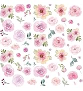 AOWDIAO 60 Pcs Flower Peel and Stick Wall Decals Watercolor Vinyl Peony Floral and Leaves Wall St...