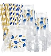 JarThenaAMCS 50 Pcs Graduation Plastic Cups with Lids Straws 12 Oz Disposable Cup Gold Blue Grad ...