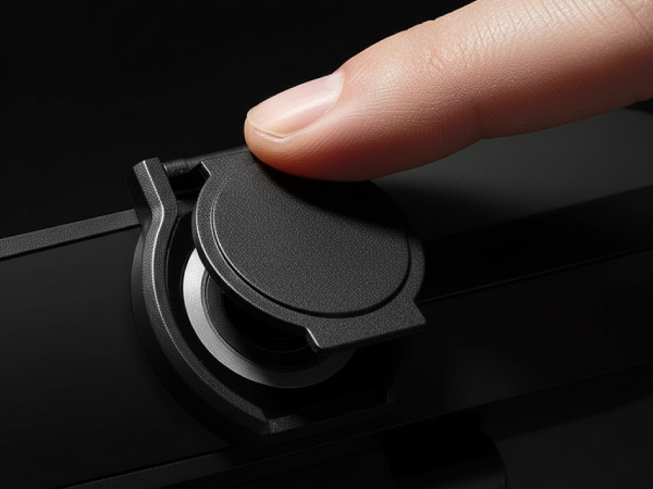 A finger closes a black webcam privacy cover over a lens.