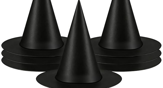 10 pack black halloween witch hats hanging on outdoor porch ceiling for spooky decor