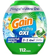 Gain flings Ultra Oxi Laundry Detergent Pacs, 112 Count, Waterfall Delight Scent, 3-in-1, HE Comp...
