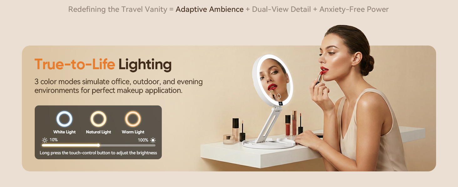 Makeup mirror with 3 color lighting modes warm natural and white for color correct application