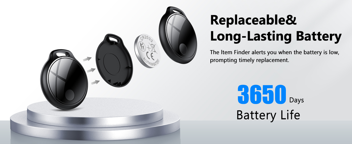 Text reads 'Replaceable&amp; Long-Lasting Battery' and '3650 Days Battery Life'. Product image shows black wireless earbuds on metallic silver platform display.