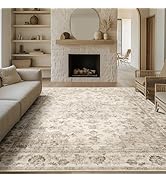 WondRg 8x10 Washable Neutral Area Rug Beige Floral Living Room Bedroom Large Carpet Non-Slip Low ...
