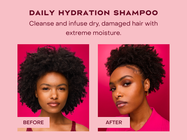 Two images of the same woman comparing her hair before and after applying the product.