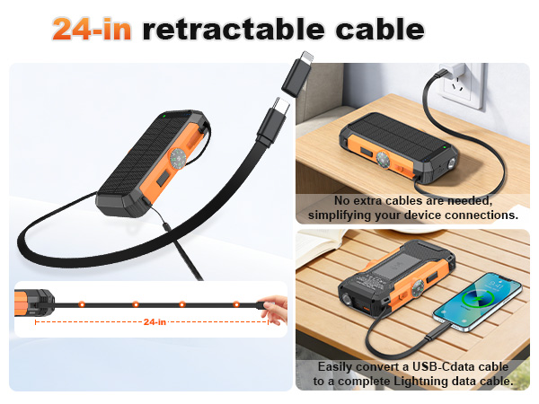 solar power bank features a built-in Type-C retractable cable and a detachable Lightning adapter