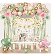 Pink and Green Birthday Decorations, Sage Green Pink Sand White Gold Balloons Happy Birthday Bann...