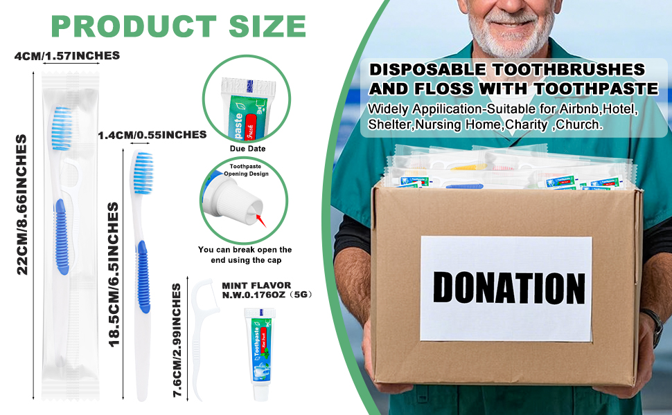 Single Use Individually Wrapped Disposable Travel Toothbrushes and Dental Floss Kit