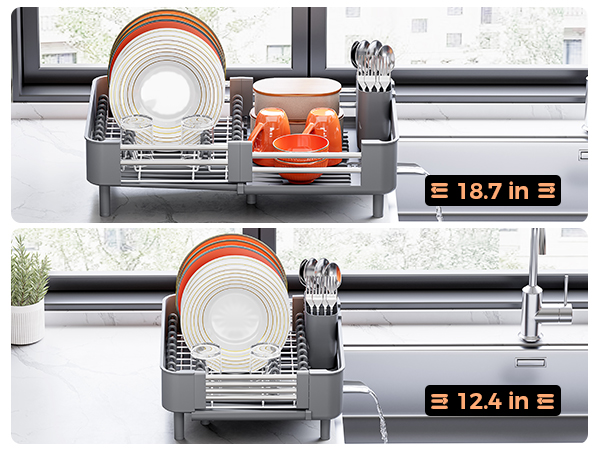 Expandable Dish Drying Rack for Kitchen Counter, Extendable Dish Rack with Drainboard