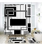 Onalasyc 4Pcs Black Geometric Shower Curtain with Rugs Set Waterproof Black Bathroom Sets with Sh...