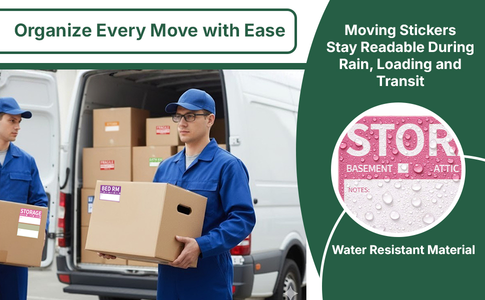 Water resistant moving box labels stay readable on storage cartons during loading and transit