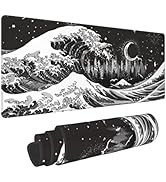Japanese Black and White Kanagawa Great Wave Waves Forest Stars Moon Sky Gaming Keyboard Mouse Pa...