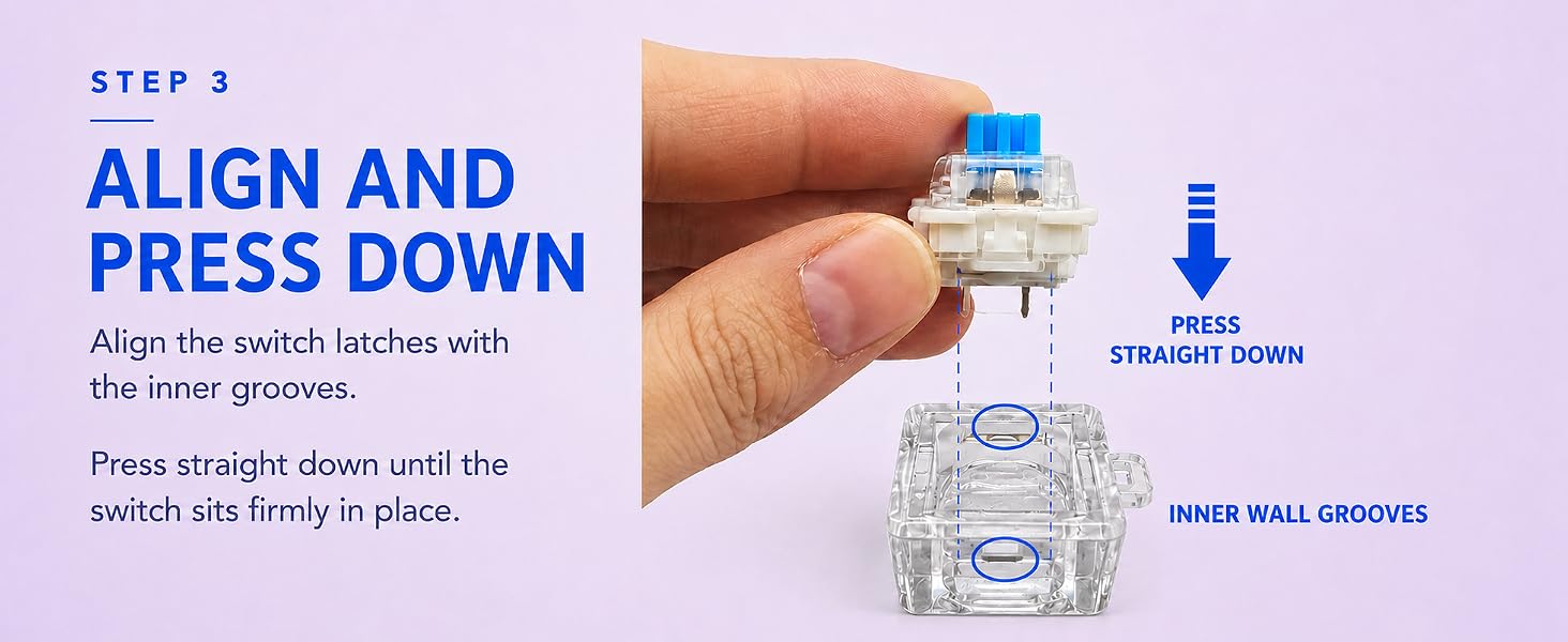 aligns a replacement switch with the inner wall grooves and presses it straight down into the base.