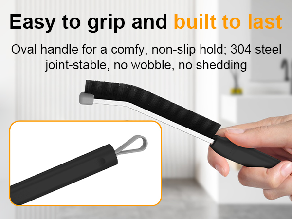 Text reads 'Easy to grip and built to last' and 'Oval handle for a comfy, non-slip hold; 304 steel joint-stable, no wobble, no shedding'. Shows close-up views of black oval-shaped handle from multiple angles.