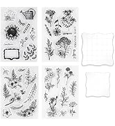 UCEC 4 Sheets Clear Stamps Set for Card Making and 2 Pcs Acrylic Stamp Block, Vintage Plants and ...